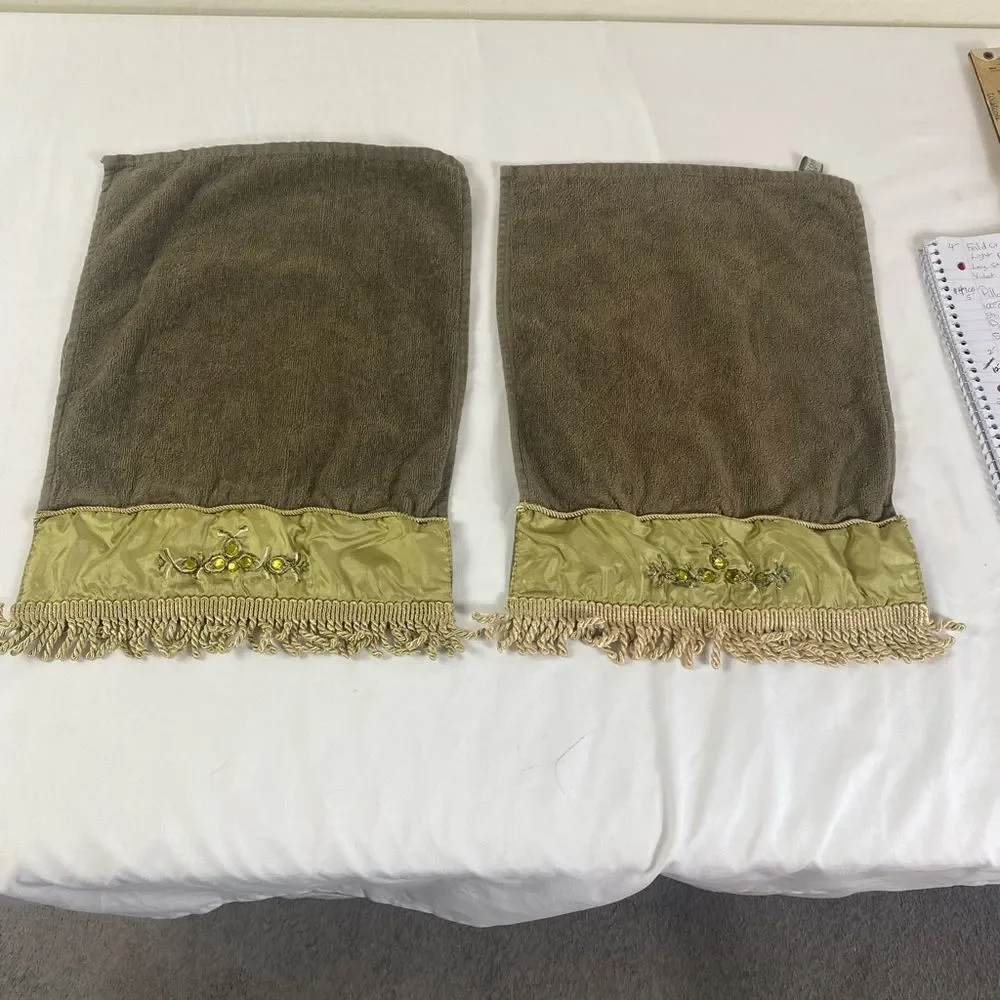 Embellished Brown & Olive Decorative Hand Towels - Luxury Accent Pair Jeweled
